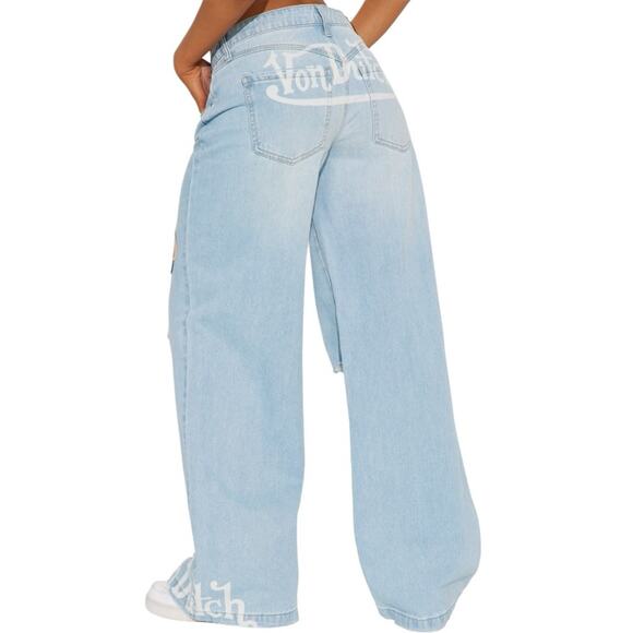 Von Dutch Patchwork Wide Leg Jeans NWOT Y2K Distressed Light Wash Size 7 - Picture 2 of 16